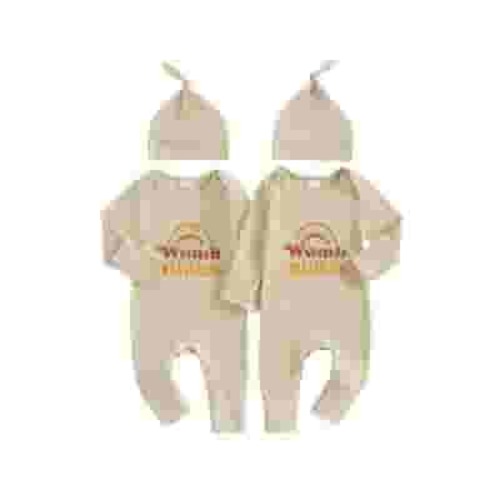 Suealasg Baby Twins Jumpsuit Newborn Girl Boy Long Sleeve Letter Rainbow Print Romper Bodysuits Hat Twins Boy Girl Matching Outfits