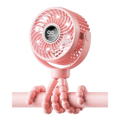 Bearwind Mini Portable Stroller Fan for Travel,360° Rotation,4-Speed LED Night Light Clip on Fans Operated by Rechargeable Battery, Cordless Fan with Tripod Car Seat Baby Pram (Pink)