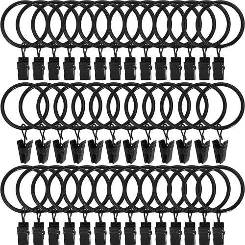40 Pack Curtain Rings with Clips, Heavy Duty Drapery Clip,Tension Rods Hooks, Polish Black Curtain Hooks Hangers, Drapes Rings 1.26 in Interior Diameter, Fits up to 1 in Curtain Rod, Black