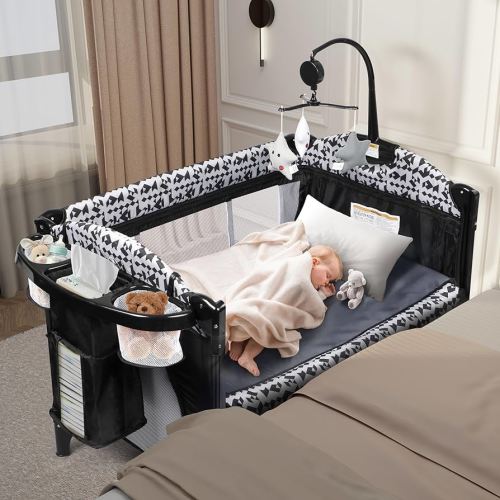 Xilingol 5-in-1 Pack and Play, Baby Bassinet Bedside Sleeper with Diaper Changer, Storage Bag & Music Box, Portable Baby Crib with Carry Bag, Foldable Playard with Bassinet for Newborn to Toddlers