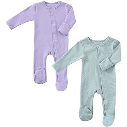 KISBINI Baby Footed Pajamas with Mitten Cuffs Unisex Cotton Snap-up Romper Jumpsuit Sleep and Play 0-12 Months Footies
