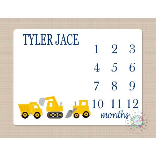 Construction Milestone Blanket Baby Boy Trucks Constructions Monthly Grwoth Tracker Yellow Gray Newborn Baby Bedding Baby Shower Gift B131