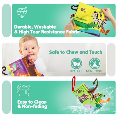 beiens Baby Books Toys, Touch and Feel Crinkle Cloth Book for Infant Baby 0-3-6-12-18 Months, Early Development Interactive Stroller Soft Toys, Shower Gifts Christmas Stocking Stuffers for Boys Girls - Jungle Tails-1 Book