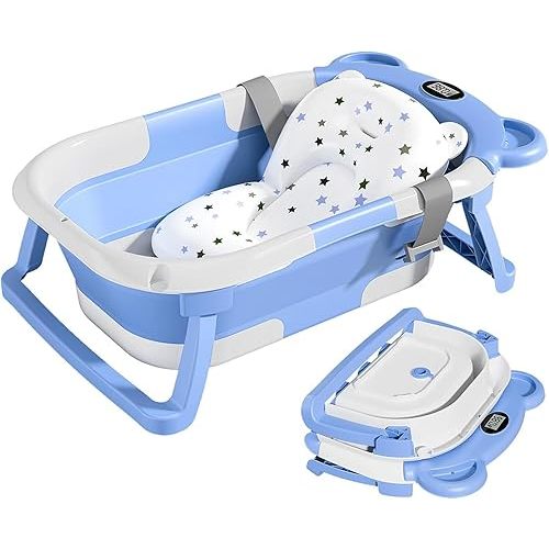 TPN Collapsible Baby Bathtub for Infants to Toddler with Real-time Temp Monitor+Floating Cushion,Foldable Baby Bath Tub Set Applicable 0-36 Month,Perfect Portable Travel Baby Tub for Newborns Boy