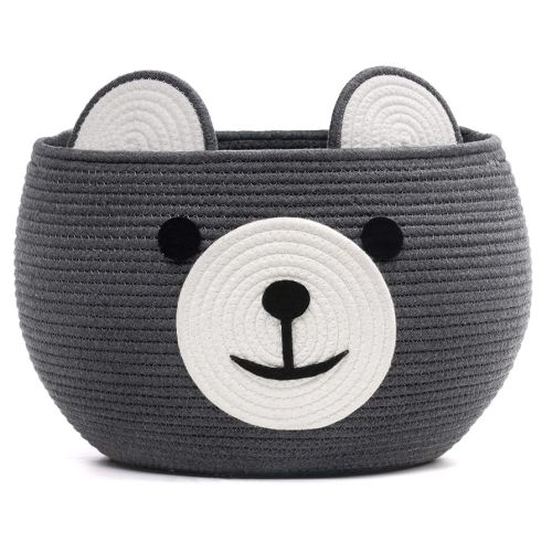 CherryNow Cotton Rope Baby Cute Storage Basket for Organizing, Toy Woven Rope Bear Basket for Kids, Empty Gift Baskets with Handles, Grey, 15.7" D x 10.5" H