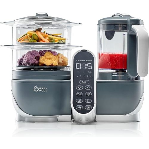 Babymoov Duo Meal Station Grey: Multi-Speed Baby Food Maker Steamer and Puree Blender, Baby Food Processor that warms & defrosts (Nutritionist Approved) - Industrial Grey