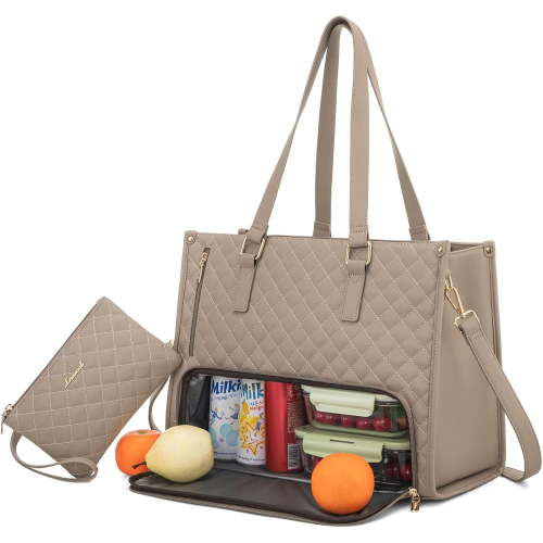 LOVEVOOK Lunch Tote Bag for Women, 15.6 Inch Laptop Bag with Insulated Lunch Compartment, Quilted Large Capacity Computer Handbag with Purse for Business, Work, Collage, Office, Casual, Clay pink