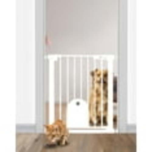 26.7-29.5'' Narrow Baby Gate with Cat Door, Auto Close & Easy Walk Thru Dog Pet Gates for Stairs, Doorway, House, Pressure Mounted Safety Child Gate Includes 4 Wall Cups, NO Extensions, White