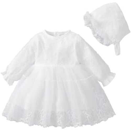 Newborn Baby Girl Christening Dress White Baptism Lace Long Sleeve Fall Wedding Dresses with Bonnet Outfit