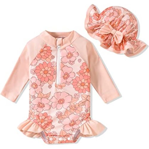 Aalizzwell Baby Girls Long Sleeve One Piece Swimsuit with Hat