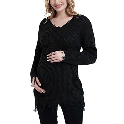 Bhome Maternity Sweater Ripped Loose V Neck One Shoulder Off Knit Maternity Pullover Long Sleeve Pregnant Sweater Top