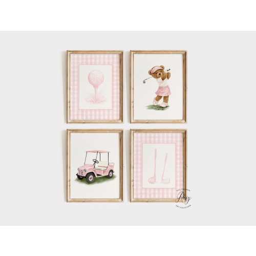 Pink Vintage Golf Nursery Set of 4 Prints, Girls Nursery Wall Art, Girls Room Decor, Golf Themed Nursery Decor, Unframed or Digital