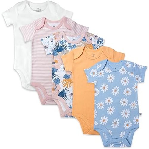 HonestBaby baby-girls 5-pack Short Sleeve Bodysuits One-piece 100% Organic Cotton for Infant Baby Girls