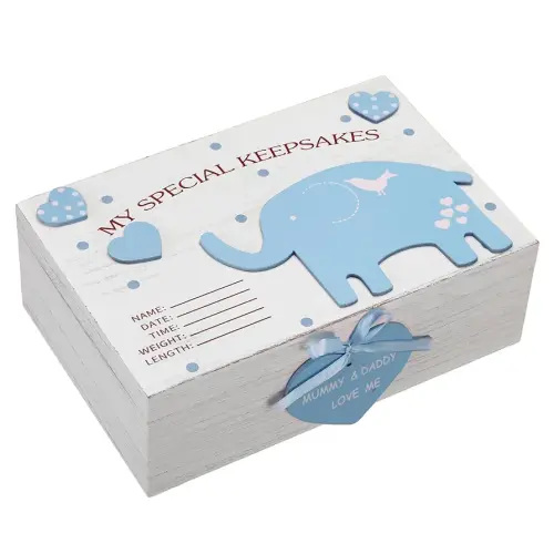 Soaoo 3D Wooden Baby Boys Memories Keepsake Box Baby Girls Elephant First Keepsake Box New Parent Newborn Baptismal Birthday Gift for Mementos 11.81'' x 7.87'' x 3.94''(Blue)