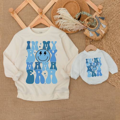 Retro Mama’s Boy And Mama Outfit, Neutral Toddler, Baby Romper, Mother And Boys Matching Sweatshirt, Baby Outfit, Mommy and me matching