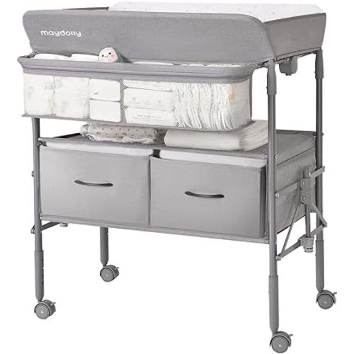 Maydolly Baby Changing Table, Portable Folding Changing Table with Wheels, Waterproof and Adjustable Height, Premium Diaper Changing Station with Two Drawers, Mobile Nursery for Newborn (Grey)