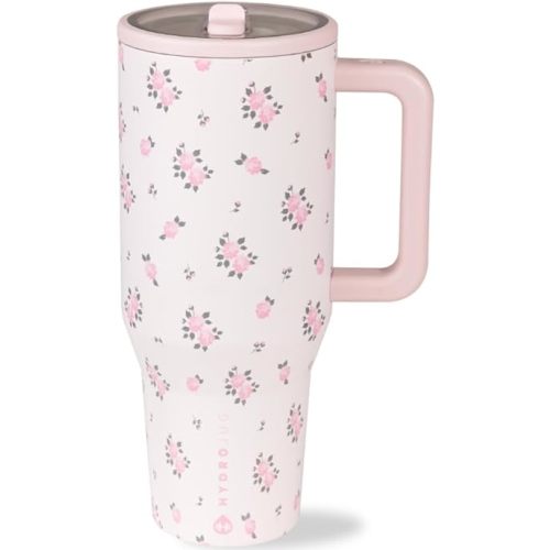 HydroJug Traveler - 32 oz Water Bottle with Handle & Flip Straw - Fits in Cup Holder, Leak Resistant Tumbler-Reusable Insulated Stainless Steel & Rubber Base - Gifts for Women & Men, Wildrose