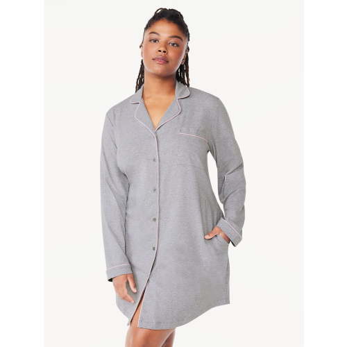 Joyspun Women’s Cotton Blend Long Sleeve Notch Collar Sleepshirt, Sizes S to 4X