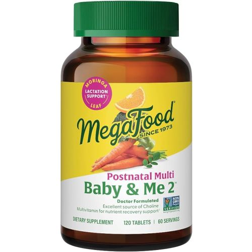 MegaFood Baby & Me 2 Postnatal Vitamins for Breastfeeding Moms with Folate (Folic Acid Natural Form), Choline, Iodine, Vitamin D, Moringa Leaf and More - 120 Tabs (60 Servings)