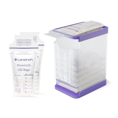 Lansinoh Breastmilk Freeze & Store Starter Pack – Breastmilk Storage Container with Quick-Freeze Tray, Stores 10 Bags + 100 Count 6 oz Breastmilk Storage Bags, Baby Feeding Essentials