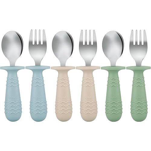 PandaEar 6 Pieces Baby Toddler Silicone Stainless Steel Utensils Silverware Spoon Fork for Baby Toddler BPA Free with Silicone Holding Anti-Choke Design (Blue Green Beige)