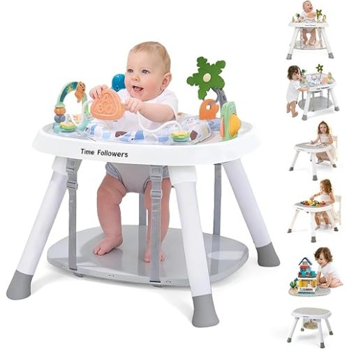 Time Followers® 6-in-1 Baby Activity Center | 4 Stage Montessori-Inspired Design | Grow Stationary Standing Toddler Table | Jumpers & Bouncers | Must Have for Boy & Girl 6, 12, 24+ Month Old (White)