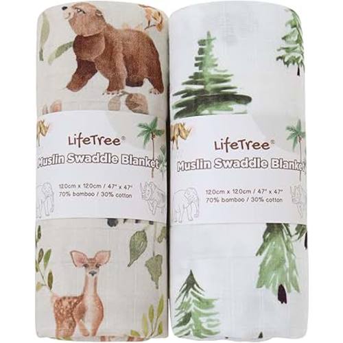 LifeTree Muslin Swaddle Blankets, Woodland Baby Swaddling Wrap