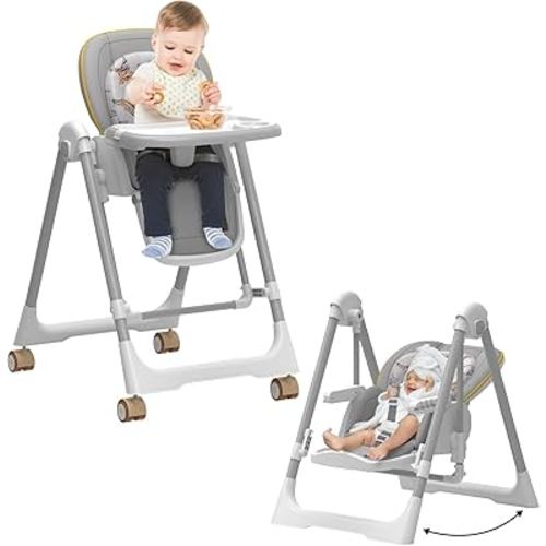 High Chairs for Babies and Toddlers, Baby Swings for Infants, Foldable High Chair with Wheels,5 Adjustable Height, 4-Position Backrest, 3 Footrest Positions, Double Removable Tray(Grey)
