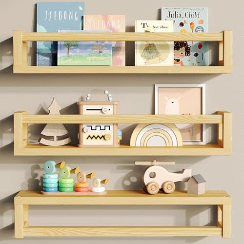 TidyCorner Upgraded Thick Floating Shelves - Multi-Use Wall-Mounted Bookshelves for Kids and Nursery, Ideal for Books, Toys, Spice Rack, Decor - NaturalWood