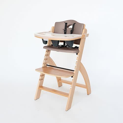 Abiie Beyond Junior Wooden High Chair with Tray - Adjustable and Convertible High Chair for Babies and Toddlers - 6 Months to 250 Lb - Water Resistant - Natural Wood with Soft Mocha Cushion
