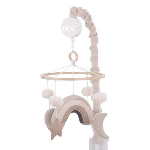 NoJo Rainbow Moon and Stars Pom Pom Ivory, Taupe, and Natural Wood Tones Plush Nursery Musical Mobile