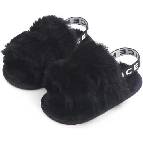 QIETION Girl's Soft Plush Lightweight House Slippers Non Slip Cross Band Slip on Open Toe Cozy Indoor Outdoor Slippers