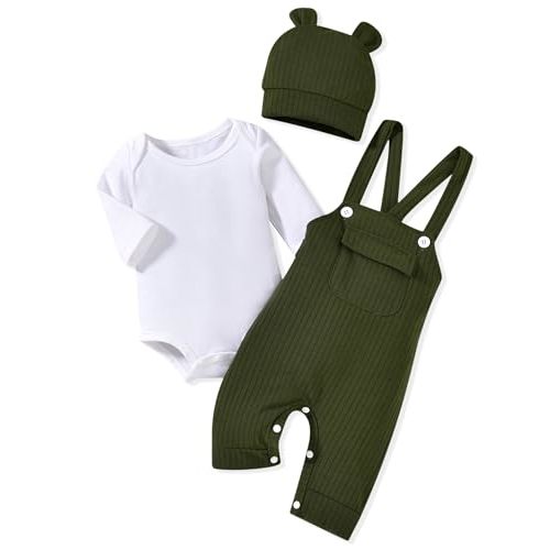 HINTINA Newbrn Baby Boy Clothes Long Sleeve Bodysut Bib Overall Pants Set With Hat Fall Winter Outfits