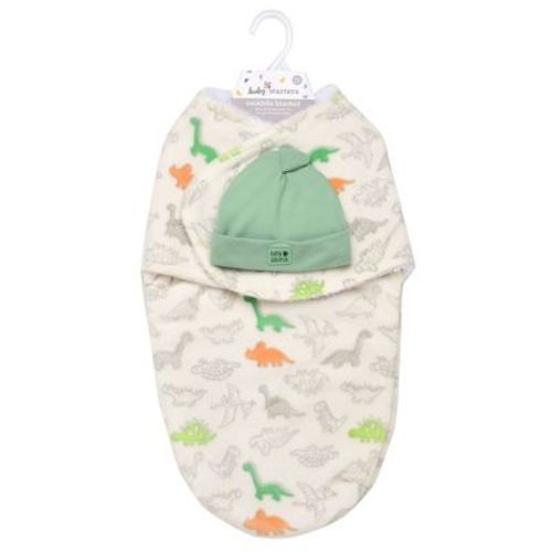 Baby Starters Newborn Wearable Swaddle Blanket with Hat, Dinosaur Print, 0-3M