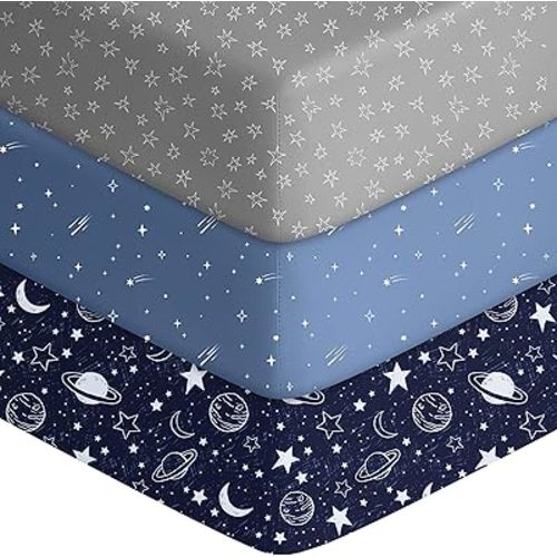 Baby Crib Sheets for Boys Girls, Fitted Crib Sheet Neutral 3 Pack for Standard Crib and Toddler Mattress, Breathable Soft Microfiber Baby Sheet 28x52x8in Blue Gray Planet