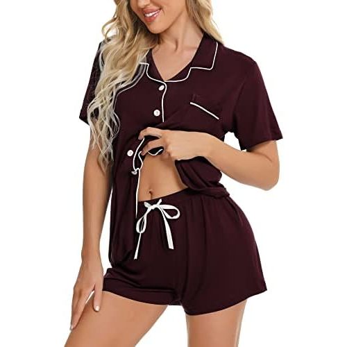 SWOMOG Womens Button Down Pajamas Set Short Sleeve Sleepwear Bride Soft Pj Lounge Sets XS-3XL