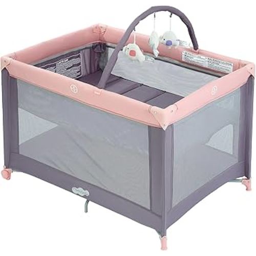 Pamo Babe Portable Playard with Mat Pad and Toy Bar Pink Play Yard for Baby
