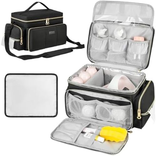 Breast Pump Bag Compatible with Spectra S1 and S2 with Insulated Compartment,Breast Pump Storage Bag with Waterproof Mat for Pumping Essentials,Black,Bag Only