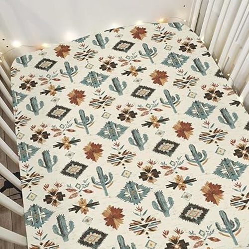 Tribal Cactus Totem Baby Crib Sheets for Boy Girl 28"x52" Vintage Cactus Soft Stretchy Fitted Crib Mattress Cover Western Cactus Baby Sheets for Standard Crib and Toddler Bed Mattresses