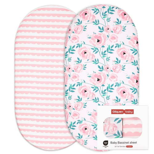 Gllquen Baby Bassinet Crib Sheets Set, Breathable Cozy Fitted Mattress Sheet, Standard Cradle Safe Sheets for Newborn Baby Infant Boys Girls 32"X16", Rose Garden