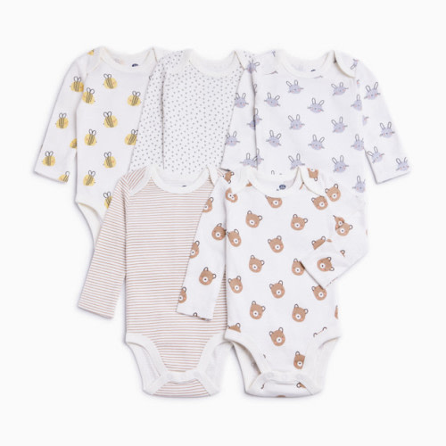 Organic Cotton Long Sleeve Printed Bodysuits (5 Pack) - Baby Animals