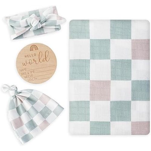 Muslin Swaddle Blanket with Hat and Headband Bow, Checkered Print Swaddle Set for Baby Boys & Girls, Unisex Soft Receiving Blanket Wrap, Green Grey Checkered, 47x47 inches