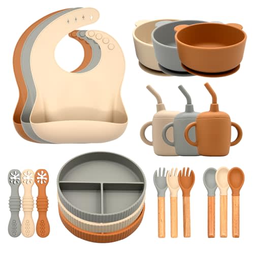 CHCC Silicone Baby Feeding Set 21 Pcs, Led Weaning Supplies, Baby Feeding EatincSupplies Set BPA Free, Essentialsfor Newborn Gift Walnut Color, Beige, Smoky Gray