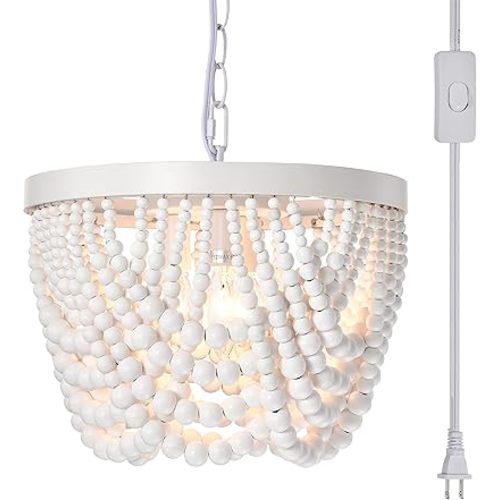 White Chandelier Plug in Chandelier Lighting Wood Beaded Chandelier 3 Lights Small Chandelier Boho Light Fixtures Ceiling for Bedroom Farmhouse Chandelier with 20ft Plug-in Cord