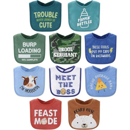 The Peanutshell Baby Boy Terry Bibs Set of 10-100% Cotton, Soft, Absorbent Baby Bibs for Boys, Toddler Baby Boy Bibs Set, Newborn & Infant Bib - Oh Boy!
