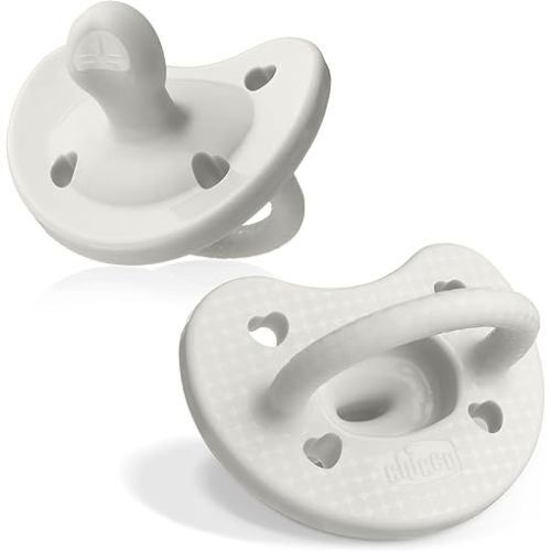Chicco PhysioForma Luxe Silicone One Piece Pacifier for Babies Aged 0-6m | Fashion Textured Shield | BPA & Latex Free| Reusable Sterilizing Case| Pearl Grey, 2pk