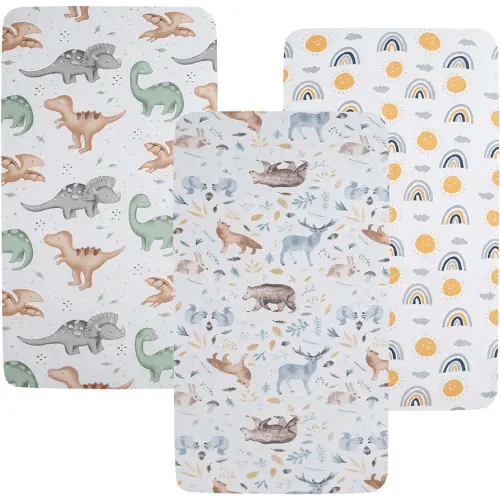 Pack n Play Sheet Stretchy Fitted Portable Mini Crib Sheets Set 3 Pack,Playard Sheets Convertible Playard Mattress Cover,Ultra Soft Jersey Material,Sun/Forest Deer/Dinosaur