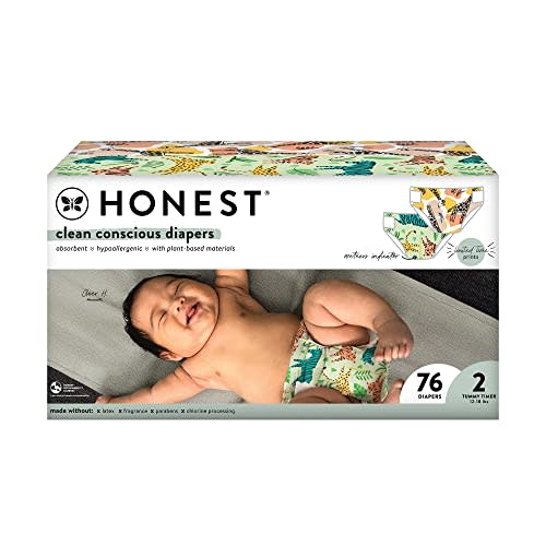The Honest Company Clean Conscious Diapers | Plant-Based, Sustainable | Stripe Safari & Seeing Spots | Club Box, Size 2 (12-18 lbs), 76 Count