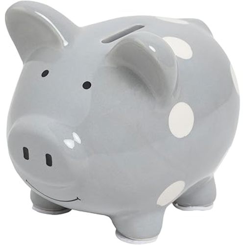 Kate & Milo Mini Ceramic Piggy Bank, Gender Neutral Nursery Décor, Baby Girl and Baby Girl Keepsake Gift, Gray with White Polka Dots