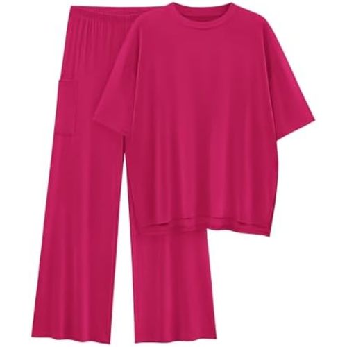KIRUNDO Womens 2 Piece Outfits 2025 Summer Casual Loose Short Sleeve Pullover Tops & Wide Leg Pants Lounge Sets Tracksuit